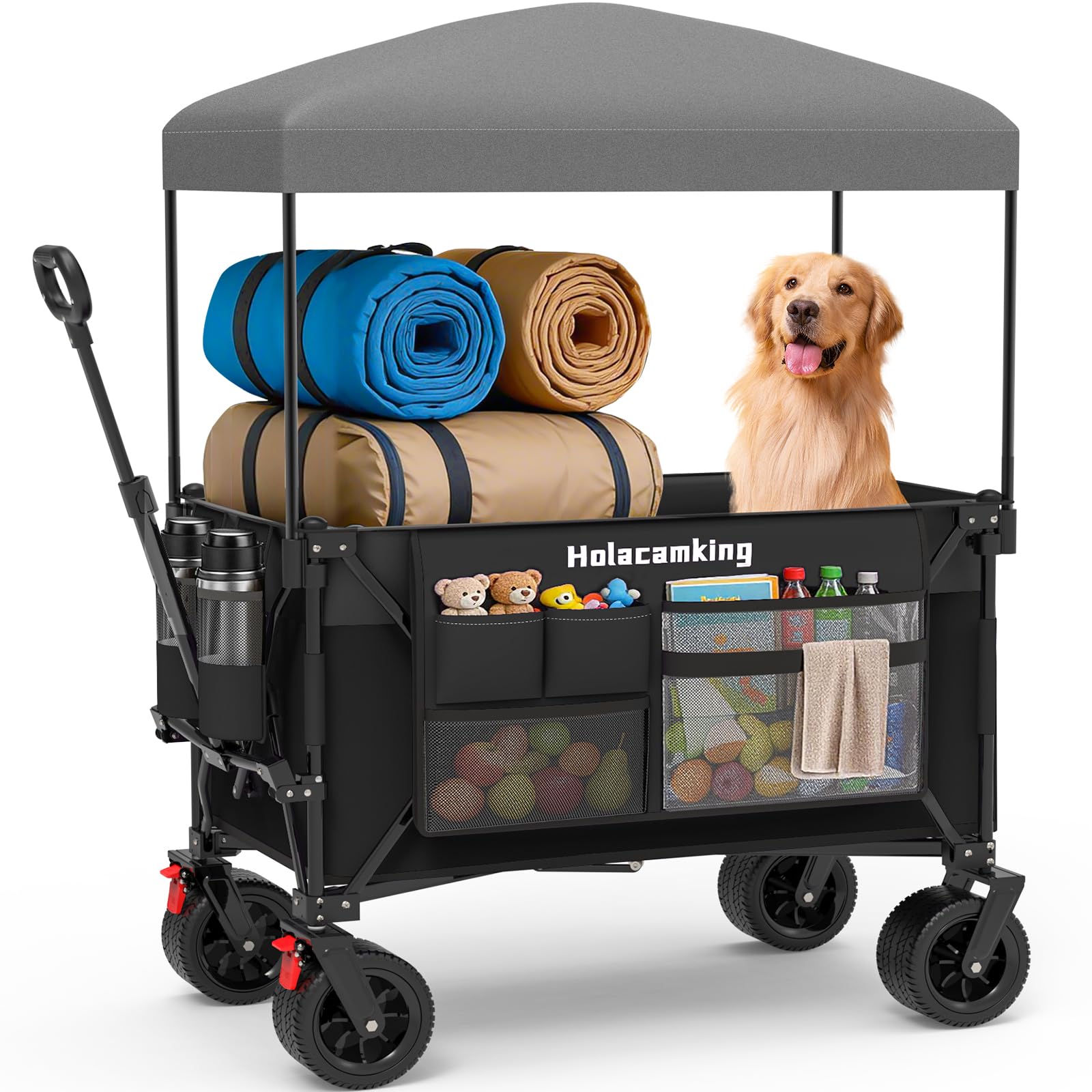 Collapsible Canopy Wagon Cart, Heavy Duty Utility Wagon with Removable Sun Cover, All-Terrain Big Wheels, Dual Brakes, Extra Large Grocery Cart for Beach Camping Sports Tailgates, Black