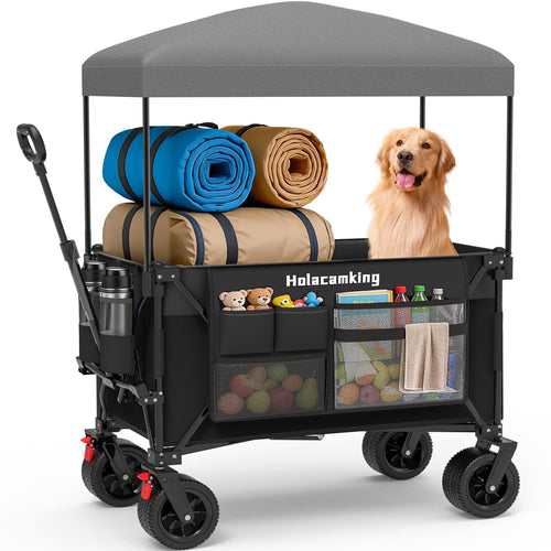 Collapsible Canopy Wagon Cart, Heavy Duty Utility Wagon with Removable Sun Cover, All-Terrain Big Wheels, Dual Brakes, Extra Large Grocery Cart for Beach Camping Sports Tailgates, Black