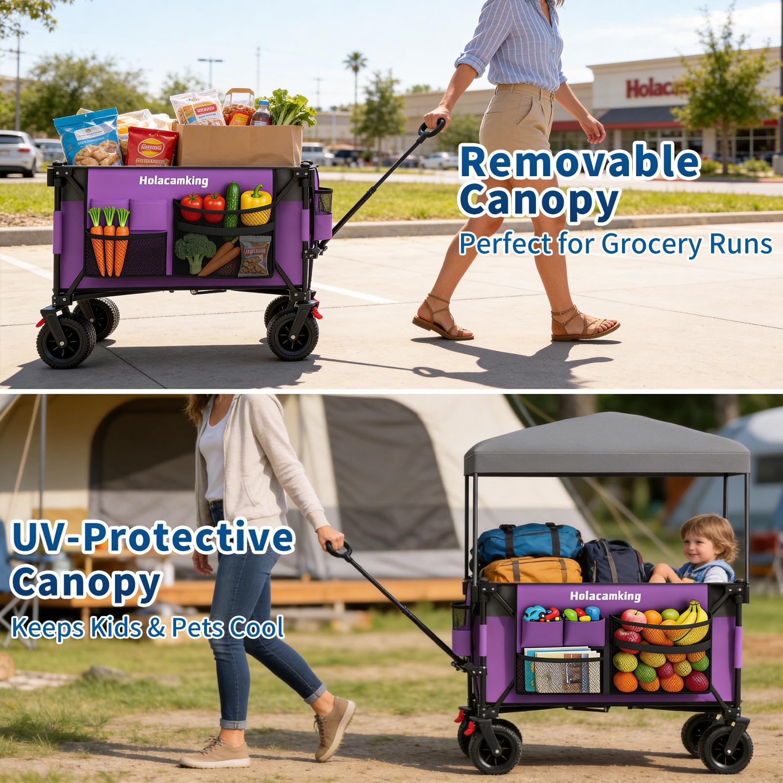 Collapsible Canopy Wagon Cart, Heavy Duty Utility Wagon with Removable Sun Cover, All-Terrain Big Wheels, Dual Brakes, Extra Large Grocery Cart for Beach Camping Sports Tailgates, Black