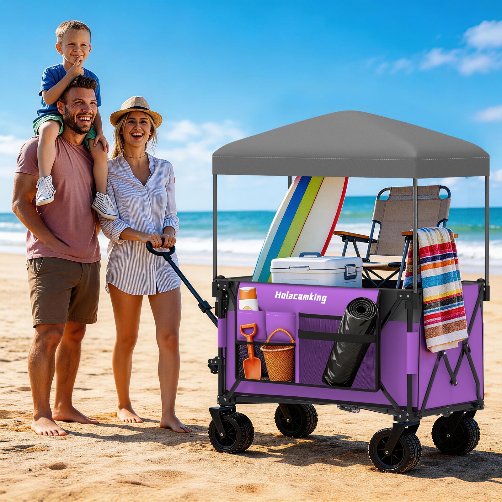 Collapsible Canopy Wagon Cart, Heavy Duty Utility Wagon with Removable Sun Cover, All-Terrain Big Wheels, Dual Brakes, Extra Large Grocery Cart for Beach Camping Sports Tailgates, Black